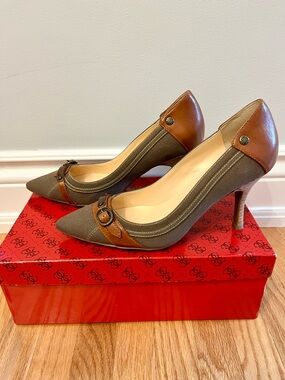 GUESS Khaki Canvas and Cognac Leather Pointed-Toe Heels